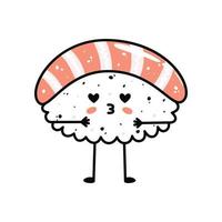 Kawaii sushi mascot in cartoon style. Cute nigiri with salmon for menu vector