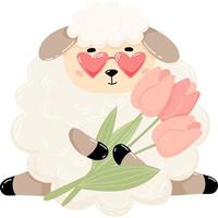 Sheep in love with bouquet of tulips vector