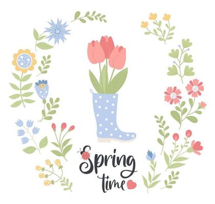 Spring time flower collection. Bouquet of tulips in rubber boot and variety of flowers, branches and plants. Vector illustration. Isolated elements in flat style for design
