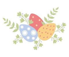 Decorative Easter eggs with branches and leaves. Vector illustration. Festive card in flat style.