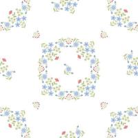 Floral geometric seamless pattern. Floral square frame from branches, plants, flowers and cornflowers on white background. Vector illustration in flat style.