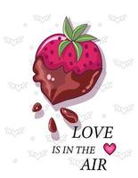 Love is in the air. Vector illustration of pink strawberries with green leaves and chocolate glaze. The background has cute little wings and a red heart on white background.