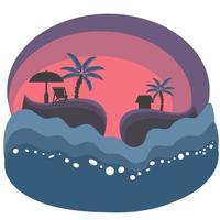 ilustración con paisaje marino, islas tropicales, palmeras y puesta de sol en técnica plana vector