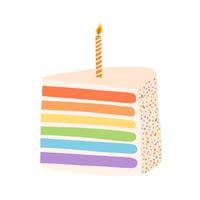 Hand drawn rainbow birthday cake with candle in cartoon flat style. Vector illustration of sweet dessert, design element for card, invitation, sticker