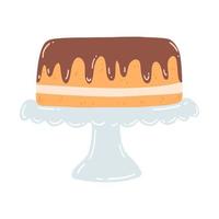 Cake on a stand in flat style. Hand drawn vector illustration of chocolate cake with cream, sweet dessert, pastry food