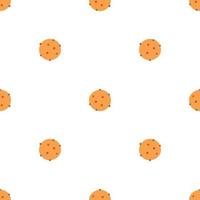 Seamless pattern of cookie with chocolate crisps in flat style. Hand drawn vector background of biscuit with chocolate or raisins, baking, confectionery