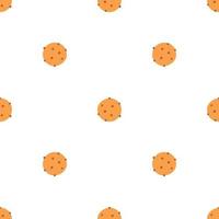 Seamless pattern of cookie with chocolate crisps in flat style. Hand drawn vector background of biscuit with chocolate or raisins, baking, confectionery