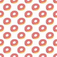 Seamless pattern with tasty donut in cartoon flat style. Hand drawn vector background of glazed donut, sweet pastry, bun, bagel