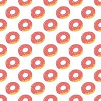 Seamless pattern with tasty donut in cartoon flat style. Hand drawn vector background of glazed donut, sweet pastry, bun, bagel