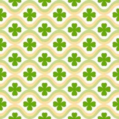 Seamless pattern of shamrock leaves and filed waves on isolated background. Design for St. Patricks day celebration, party decoration, scrapbooking, home decor, textile, print, paper crafts.