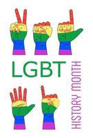 vector de concepto lgbt para camiseta, pancarta, afiche, web en el fondo blanco. las manos están pintadas con los colores del arco iris del orgullo lgbt.