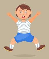 Happy school kid jumping. Cartoon character has fun, runs, jumps, plays. Boy illustration vector isolated