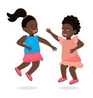 Happy school African kid wearing blue dress and jumping. Cartoon character has fun, runs, jumps, plays. Afro girl illustration vector isolated