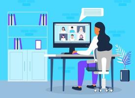 Remote school class is studying. Video call conference concept vector. Social distancing during quarantine. University online course and teacher is working. Teleconference or webinar vector