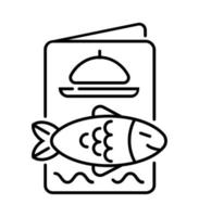 vector de icono de menú de pescado. lista de menú y mariscos, el salmón se muestra en estilo de esquema. arenque, caballa se muestra. abadejo, carpa, halibut, signo de trucha