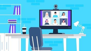 Remote school class is studying. Video call conference concept vector. Social distancing during quarantine. University online course illustration. Teleconference and webinar concept. vector