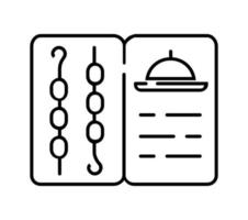 Grill menu icon vector. Kebabs on skewers, a sheet with dishes, a chef vector