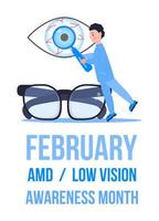 amd, el evento del mes de concientización sobre la baja visión se celebra en febrero. vector de concepto de revisión de la vista del oftalmólogo médico. ilustración de oculista para banner web de atención médica