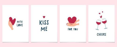 Happy Valentine's Day cards. Minimalistic prints with hearts and quotes. Flat style vector illustrations.