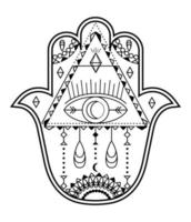 Hamsa hand vector with mystical, esoteric symbols like pyramid, evil eye. Indian color page, tattoo, henna illustration. Wicca, astrological, occult art.