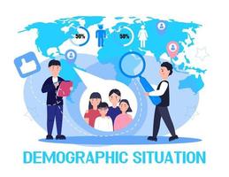 vector de concepto de demógrafo para página de destino. crecimiento de la población en el mundo. expertos en demografía analizando números de datos de mujeres, hombres, familias. diagramas, mapa, etiqueta