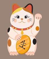 Maneki neko vector isolated on brown background. Lucky cat in japanese traditional culture. Talisman or mascot symbol in flat style.