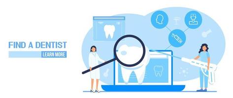 concepto de vector de servicios dentales para la página de destino. los dentistas hacen una radiografía de los dientes para aliviar el dolor de muelas, blanquear el esmalte o recuperar el implante.