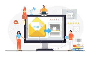 PDF converter from jpeg, word document concept. Screen with changing or converting process of document to another format. Flat vector illustration for app, website, banner