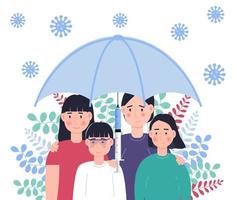 Family vaccination concept vector. Time to vaccinate for adult and children for protection against virus, flu, measles. Big umbrella with syringe vector