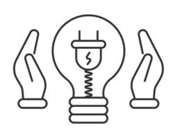Power saving icon vector. Lamp and socket, wire inside bulb. Hands save energy. . vector
