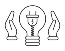 Power saving icon vector. Lamp and socket, wire inside bulb. Hands save energy. . vector