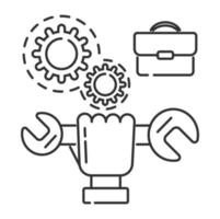 Repair icon vector. Hand is holding wrench. Gears and repairmen bag are shown in outline style. Fixing of problem and mechanism vector