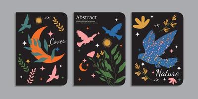 Set of abstract mystic style covers with birds, flowers, moon, sun, sparkle, leaves, floral elements. cover bohemian celestial style vector