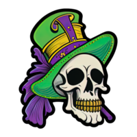 calavera con sombrero verde para la ilustración de la pegatina del carnaval mardi gras png