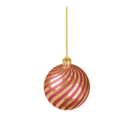 3D render Christmas toy. Top view. Red and gold stripped Christmas ball on a golden ribbon. Festive decoration of Christmas and New Year cards, invitations, leaflets. Isolated on a white background png
