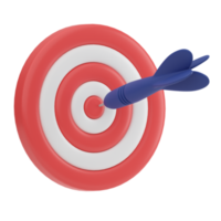 3D render. Darts with a target and a dart. The arrow is in the center of the target. The concept of achieving a goals. Business icon for website design, app, and ui. 3d rendering Isolated illustration png