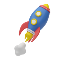 3D render. Cartoon rocket flying up. A symbol of space, startup, achievement of goals. 3D plastic business icon for website, application and user interface design. Isolated illustration. png