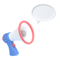 3D rendering of a megaphone with a speech bubble with an empty space for text. A symbol of news, advertising, marketing. Isolated illustration on gray background. Realistic plastic 3d loudspeaker. png