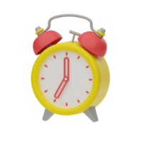 3D rendering of the alarm clock. 7 hours on the dial. Yellow retro vintage alarm clock, 3D style, realistic plastic. Isolated illustration. png