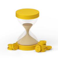 3D rendering of an hourglass with dollar coins. The concept of time is money. Vintage hourglass with clear glass. png