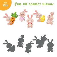 mini juego para niños. encuentra la sombra correcta para cada conejo. juego activo, libro de trabajo. enseñar, enseñar al niño. libro para colorear simple para niños, preparación escolar, aprendizaje, diversión, rompecabezas vector