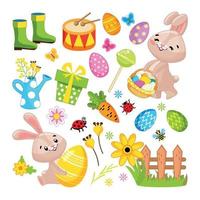 Easter Set Of Design Elements, Images In Cartoon Style On The Theme Of Easter. 2 Easter Bunnies, Flowers, Birds, Colored Eggs, White Background, Isolated Cut Out Object. Hare With Basket, With An Egg vector