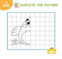 juego de colores aprendiendo un lindo pollo por células. entrenador de dibujo libro para colorear simple para niños, preparación escolar, aprendizaje, entretenimiento. el desarrollo de la motricidad fina. rompecabezas, libro de trabajo vector