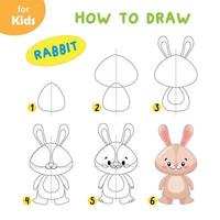 How To Draw A Cute Rabbit Step By Step. Drawing For Children, Learning. A Simple Picture Of A Rabbit For Younger Children. Preparation For School. A Series Of Drawings Of Cute Animals. vector