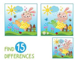 Find 15 Differences Between The Ballerina Bunny Watering The Flowers In The Meadow - A Fun And Educational Game For Kids. Improving Attention To Detail, Logic, Puzzle, Activity Book, Workbook vector