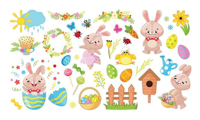Big Easter Set Of Design Elements, Images In Cartoon Style On The Theme Of Easter. 2 Easter Bunnies, Flowers, Birds, Colored Eggs, White Background, Isolated Cut Out Object. Rabbit And Other Elements