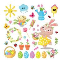 Easter Set Of Design Elements And Images In Cartoon Style On The Theme Of Easter. Easter Bunny, Flowers, Birds, Painted Eggs On White Background, Isolated Cut Out Object. Rabbit Ballerina With Basket vector