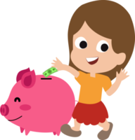 ilustración de una niña pequeña que ahorra un billete de un dólar en una alcancía. concepto de ahorro para los niños. los niños aprenden a ahorrar dinero png