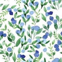 watercolor seamless pattern with blue blueberries and green leaves on a white background. simple abstract print vector