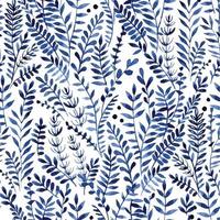 watercolor seamless pattern with blue leaves and wild herbs. airy delicate print on white background vector